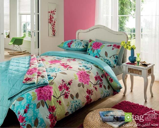 تزیین تخت خواب دو نفره با تم گل و گیاه و رنگ های جذاب